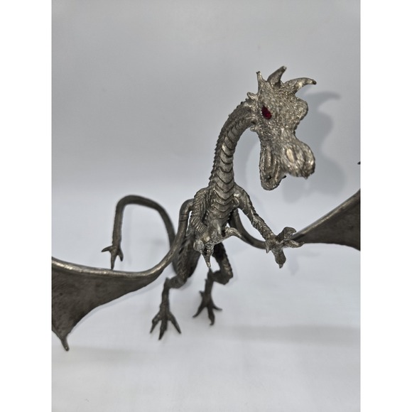 Signed Pewter Dragon Sculpture L.W. 1997 Red Glass Eyes Fantasy Art 13x11" - Picture 11 of 15